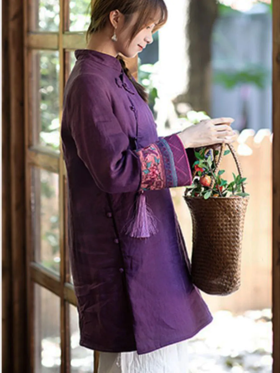 Abrigo acolchado de algodón para mujer, de Color sólido ropa de lino, borlas bordadas chinas, vestido de té medio largo cosido, otoño e invierno, 2024