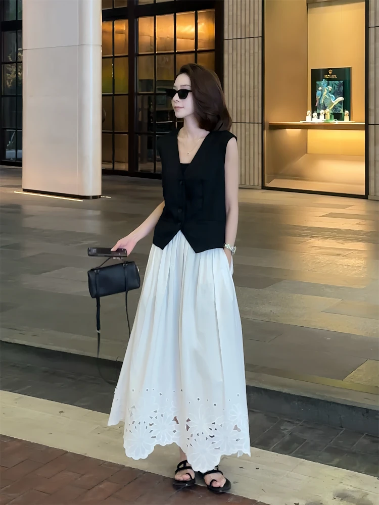 

Design Sensation Spring Summer Hollow out Lace Trim Splicing Hem A-Line Skirt Week mid Waist Cotton Blend Embroidered