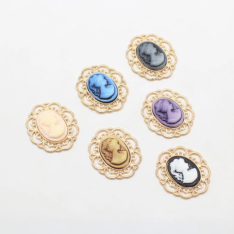10Pcs 25*29mm Resin Beauty Head Alloy Round Buttons for Clothing DIY Accessories Encrusted Rhinestone Metal Dress Decorations