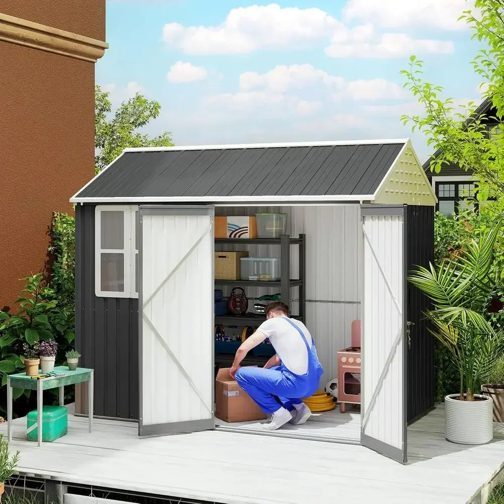 6x8ft Metal Outdoor Shed with Window, Double Lock Door, Ideal for Patio, Backyard, Lawn Storage