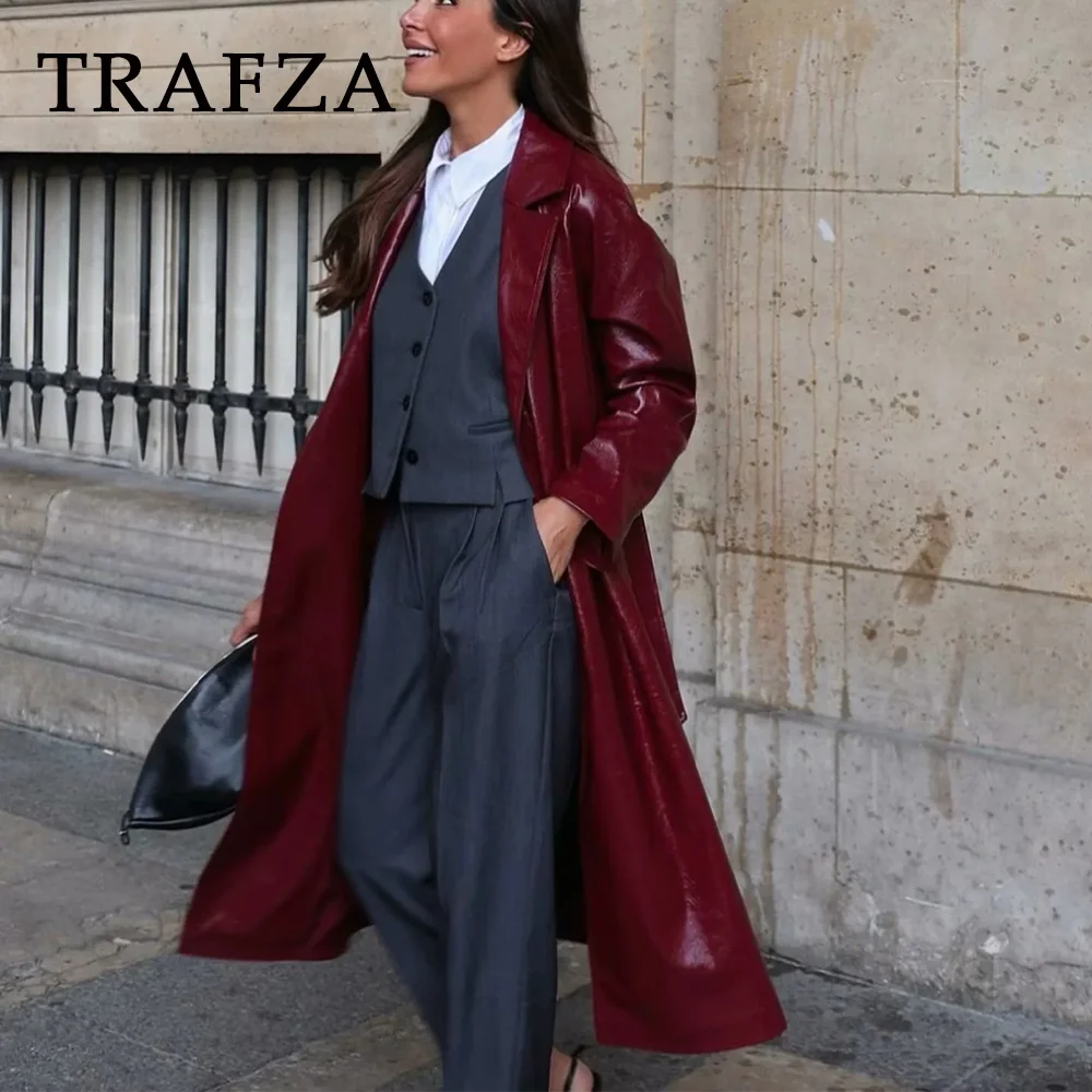 TRAFZA 2024 Autumn Winter Women Office Lady Solid Suits Fashion Sashes Sleeveless Single Breasted Vests+High Waist Ladies Pants