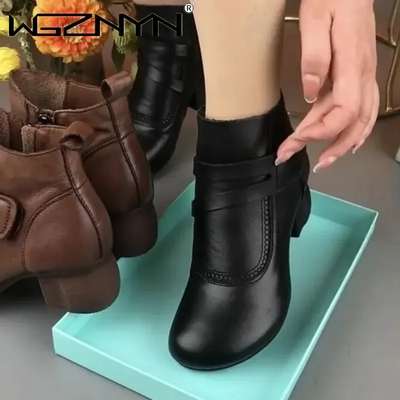 Neue Mode Riemchens tiefel Frau Winter 2024 Schuhe für Frauen Herbst Leder Stiefeletten Hakens ch laufe Stiefeletten Damen grün Retro Schuh