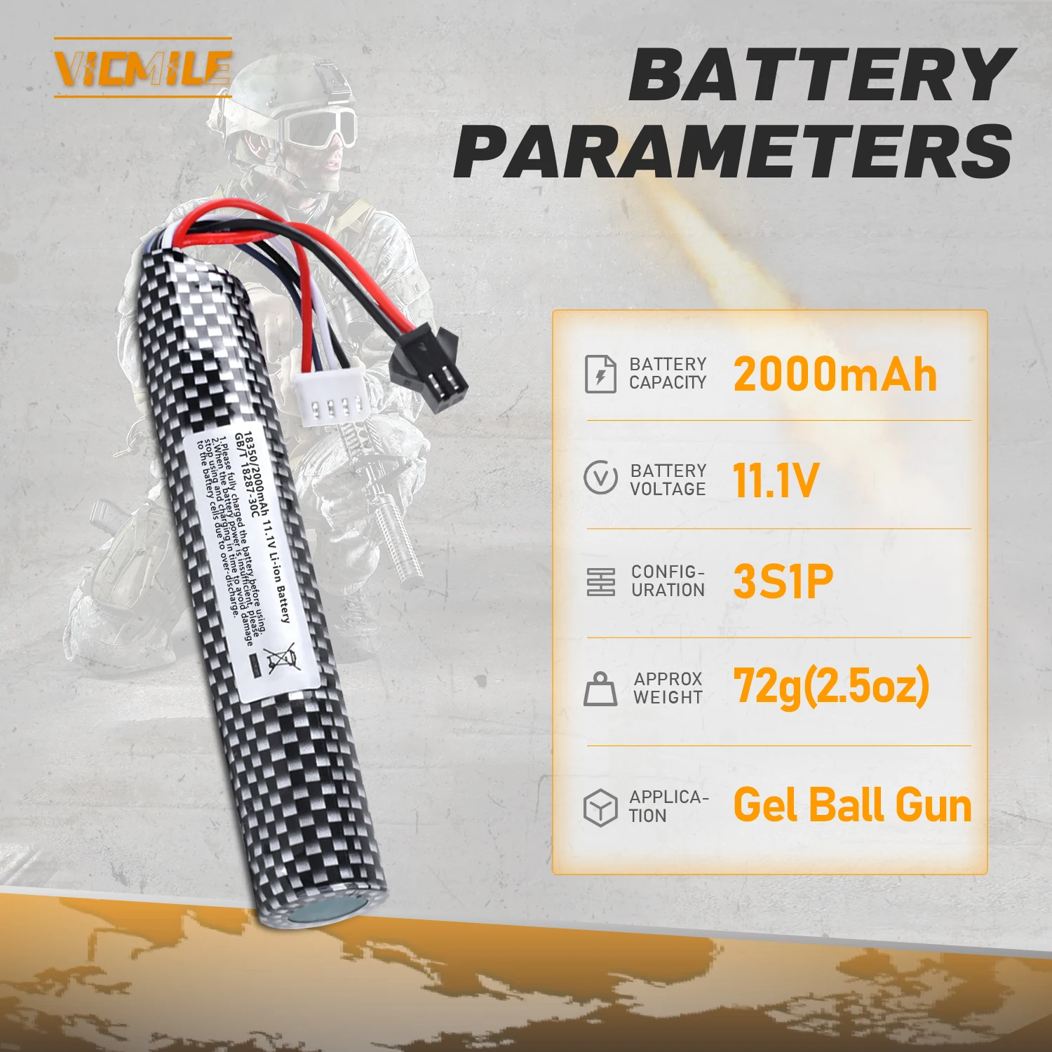 VICMILE Airsoft Battery 11.1V 2000mAh SM2P Plug High Capacity Compatible with Most Airsoft Model Guns Gel Water Bead Blaster