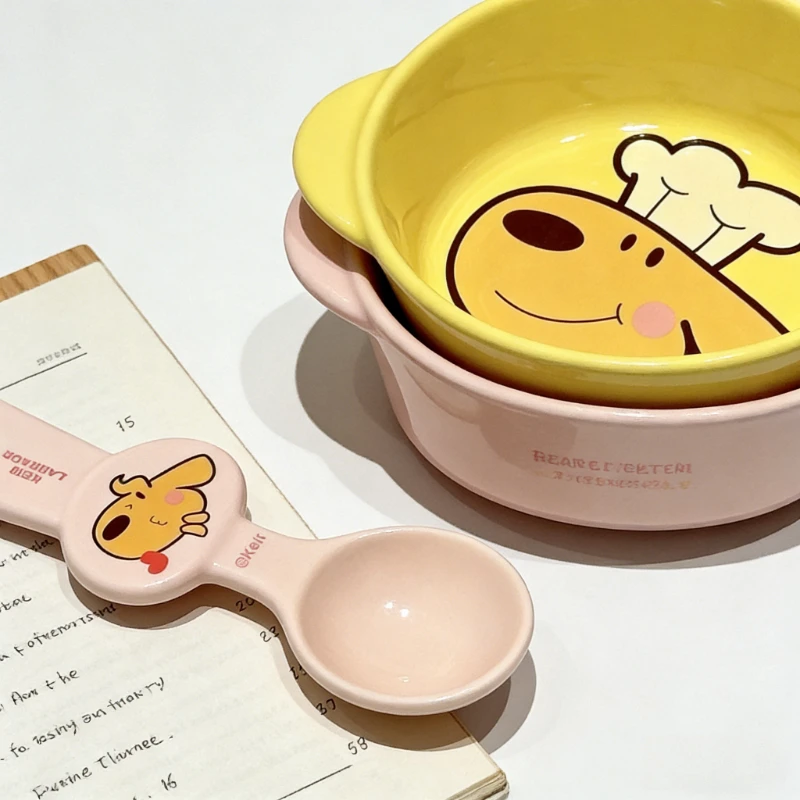 

New Cute Bread Puppy Ceramic Double Ear Rice Bowls with Spoon Cute Cartoon Home Dormitory Breakfast Dessert Bowls Tableware Set