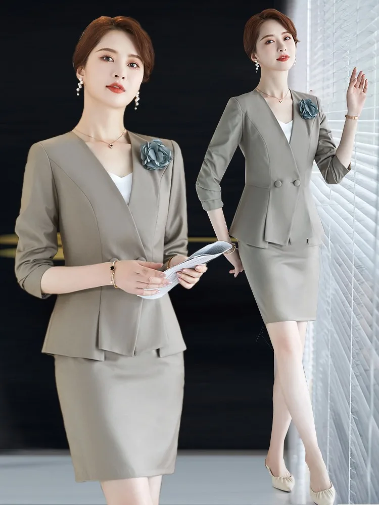 Elegant Summer Professional Suit Set for Women Hotel Beauty Salon Gold Store Uniform Skirt Corporate Wear Commute Style Slim Fit