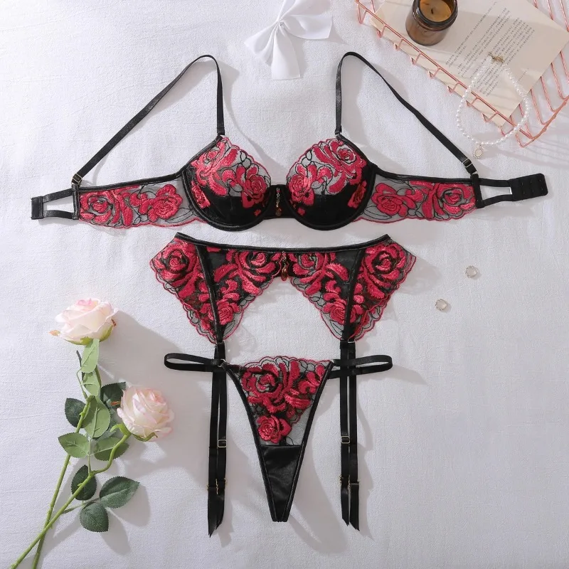 

Hot Sexy Red Rose Embroidery Lingerie Sets with Garter Belt Womens 3 Piece Underwear Set Transparent Floral Lace Bra Brief Sets