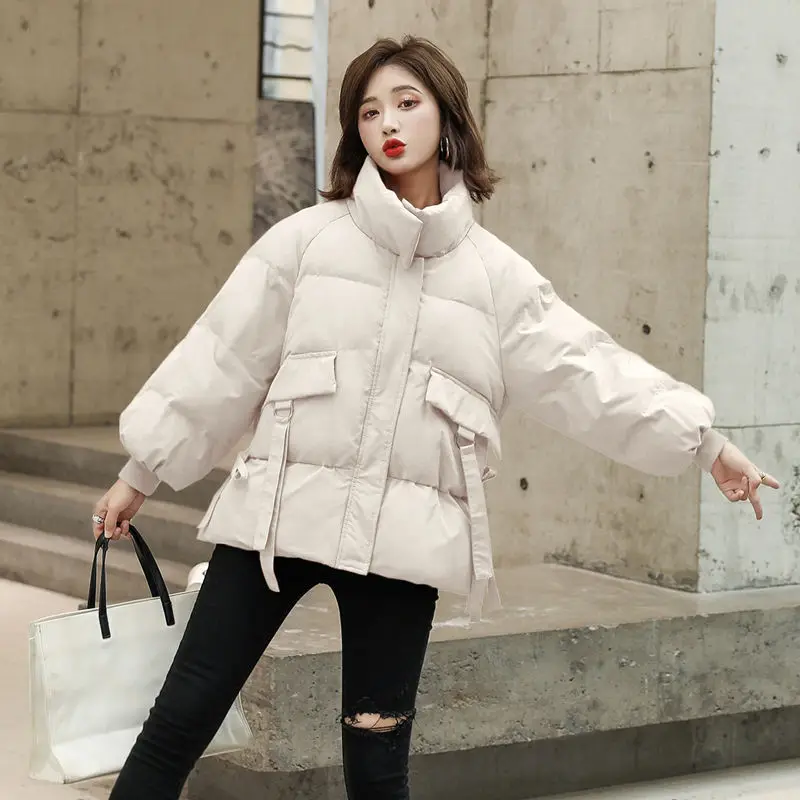 Women 2023 New Down Cotton-padded Jacket Short Korean Loose Ins Thick Bread Coat with Button Thread Fashion Pure Color