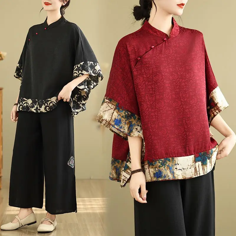 

New Chinese Printed Spliced Short-sleeved Shirt for Women's Summer High-end Retro Slanted Placket Top