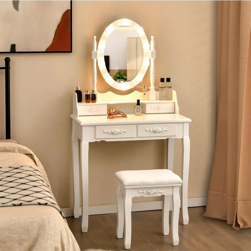 Makeup Vanity Table with 10 LED Lights, Adjustable Brightness, 3 Color Light Modes, 4 Drawers, Rotatable Mirror, Cushioned Stool