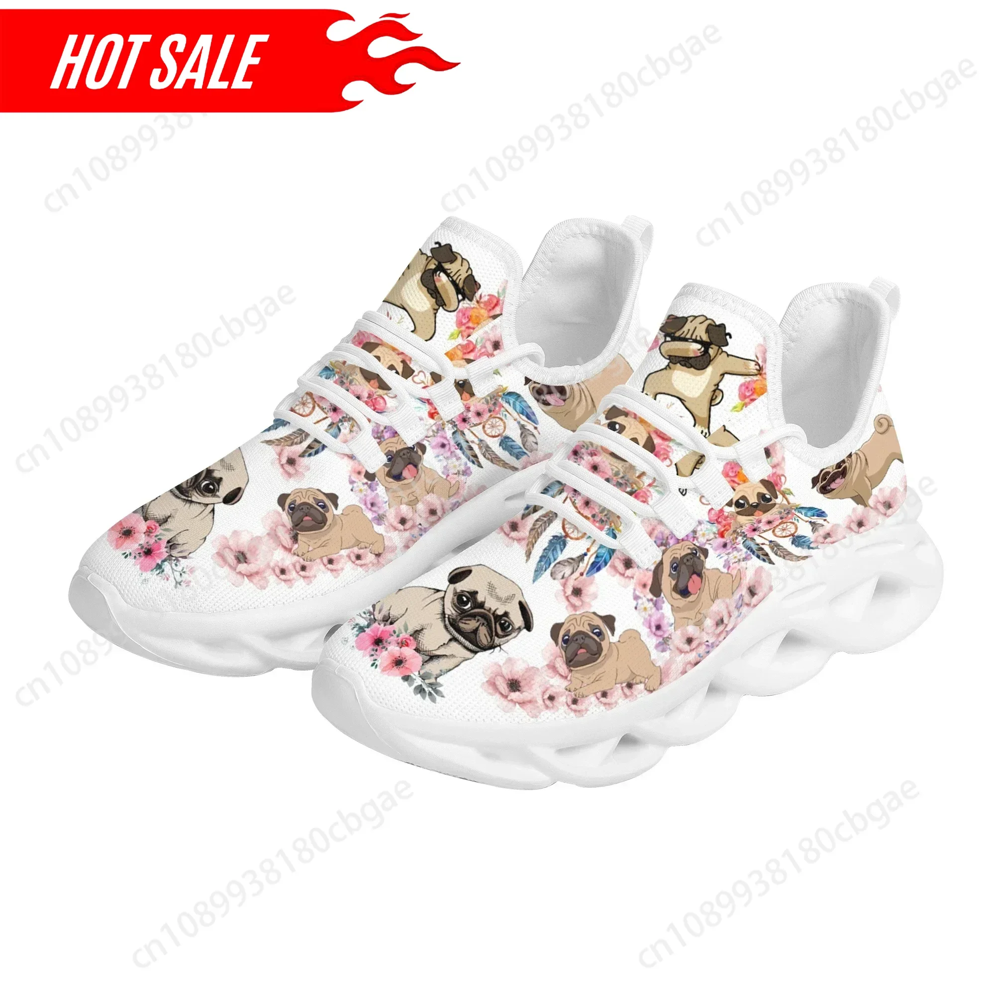 

Kawaii Pug Thick Sole Shoes For Women Floral Print Comfortable Knitted Sneakers Casual Sneaker Gifts For Dog Lovers Personalized