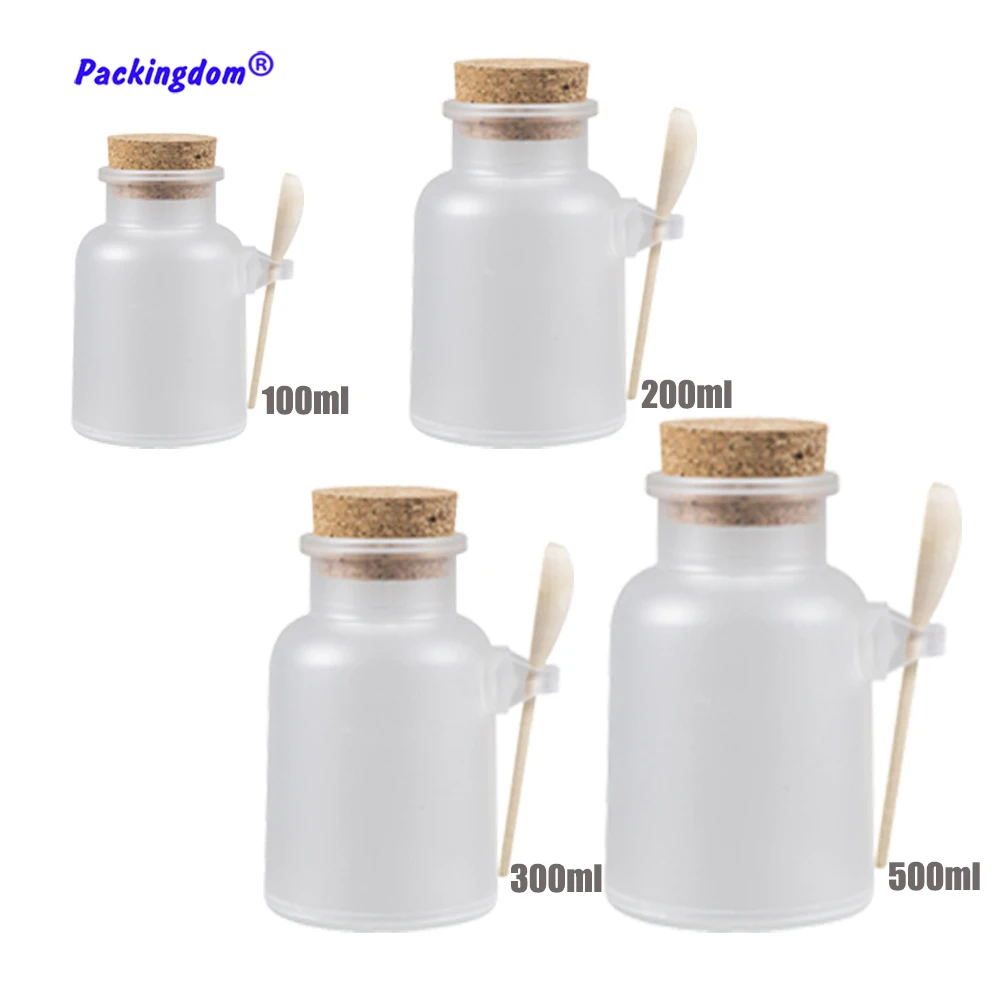 

10pcs Empty Bottle Refill Plastic Bath Salt Container Matte Cork Stoppers Clear Cosmetic Makeup Mask Jar Wooden Spoon 100g 200g