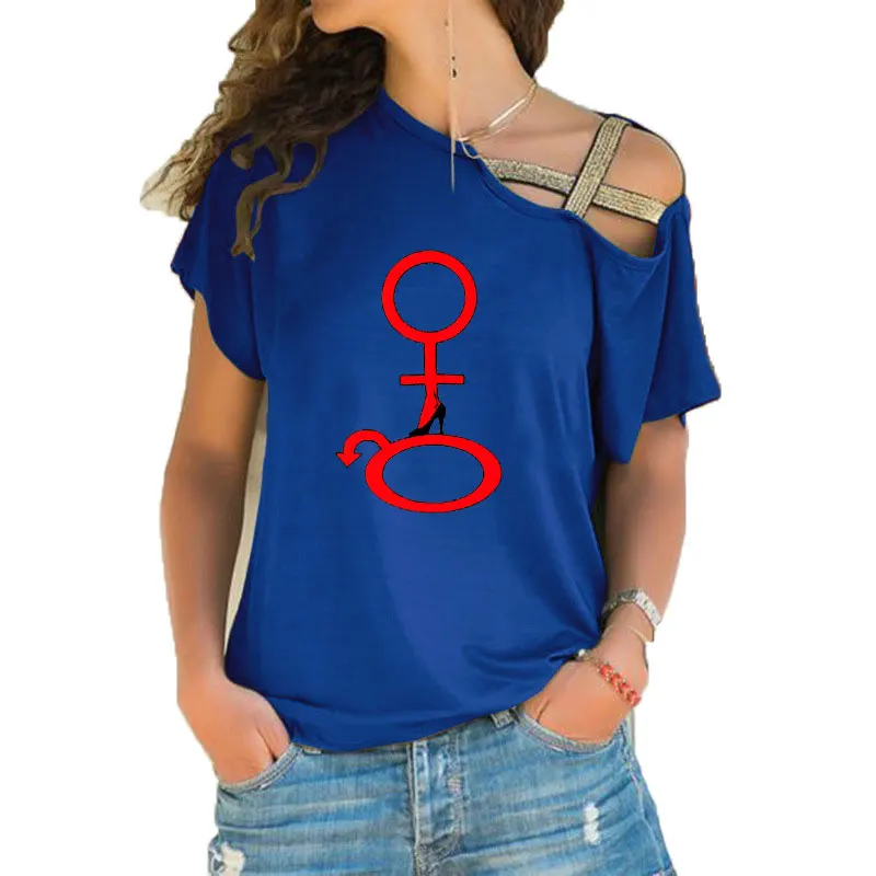 Women T-shirt Loose Slash Neck T Shirt Ladies Hot-wife Printing T-shirt Summer Casual Irregular Skew Cross Bandage Tops Tee