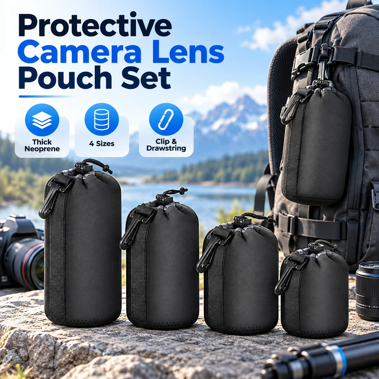 Camera Lens Pouch Set Thick Neoprene Protective Cases S M L XL with Belt Loop Clip for Travel Storage
