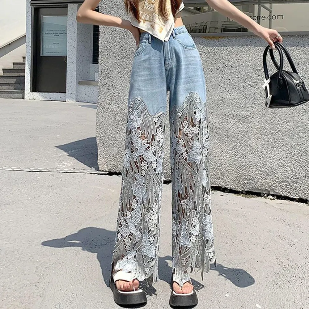 Fashion Elegant Jeans Women High Waist Lace Patchworl Hollow Out Irregular Pantalones Casual Loose Ankle-Length Pants Y2K Summer