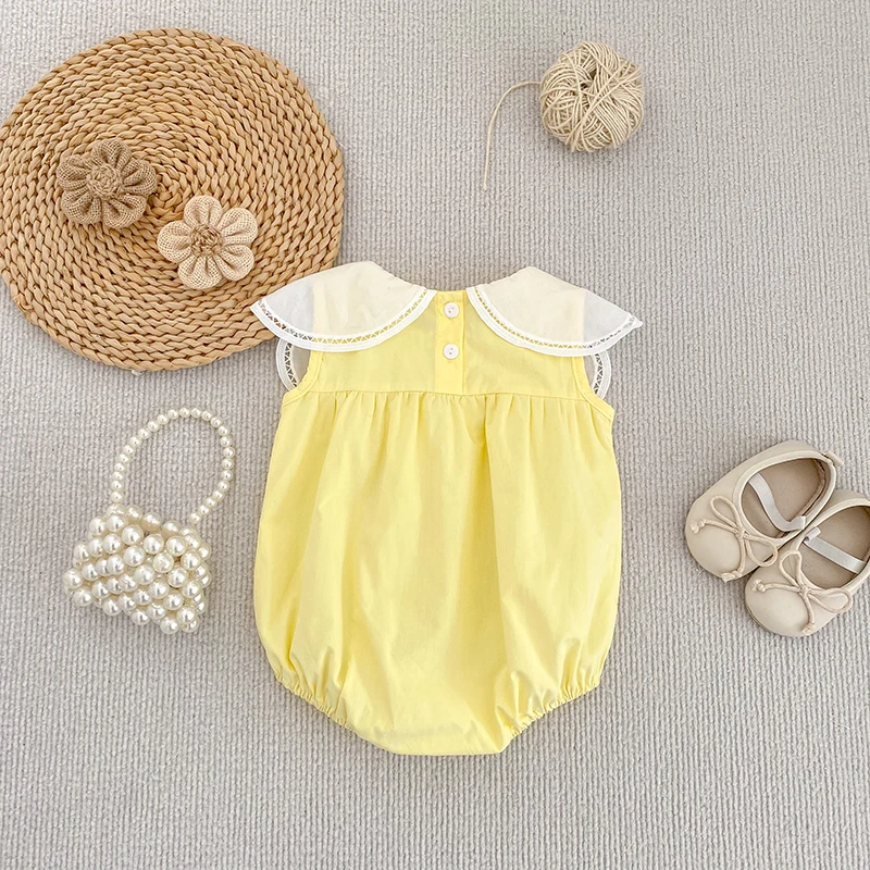 0-24M Baumwolle Sommer Baby Mädchen Kleidung Neugeborenes Baby Mädchen Strampler Ärmelloser Blütenblatt-Kragen Overall – Detail 19