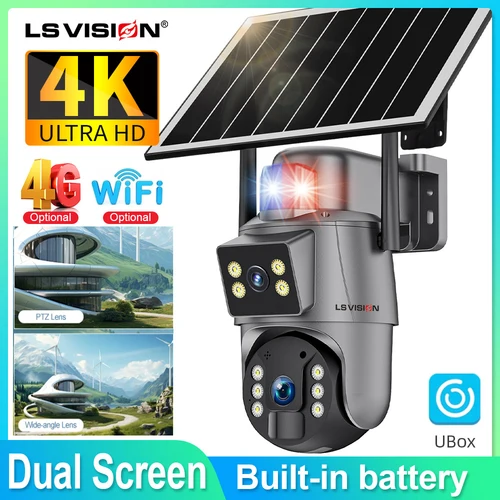 LS VISION UBOX Cámara 4G de doble lente Solar PIR detección humana visión nocturna impermeable Wifi cámara de seguridad 8MP 4K batería IP Cam