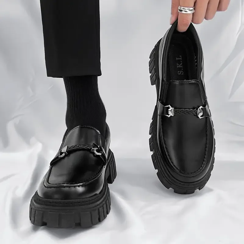 Platform Men\'s Leather Loafers Shoes Dress Business Formal Thick Sole 2025 Trend Fashion In Promotion Male Casual Shoe Retro New