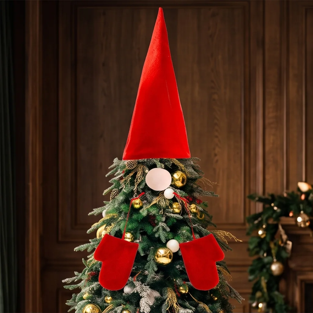 `Faceless Gnome Christmas Tree Topper Red Velvet Hat Nose Gloves Set Swedish Tomte Xmas Tree Top Ornament for Home Holiday