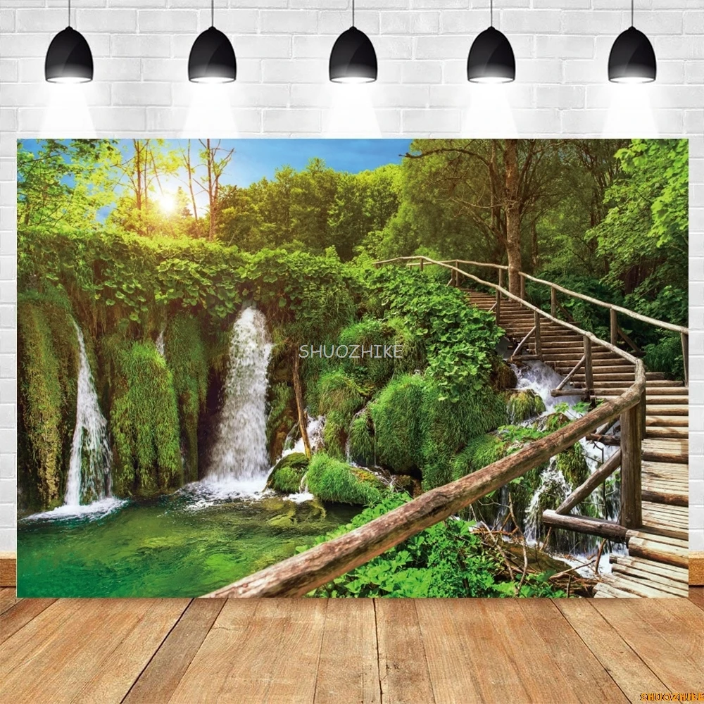 خلفية المناظر الطبيعية شلال الجبال الخضراء بحيرة واضحة السماء الزرقاء المناظر الطبيعية صورة التصوير خلفية استوديو الصور