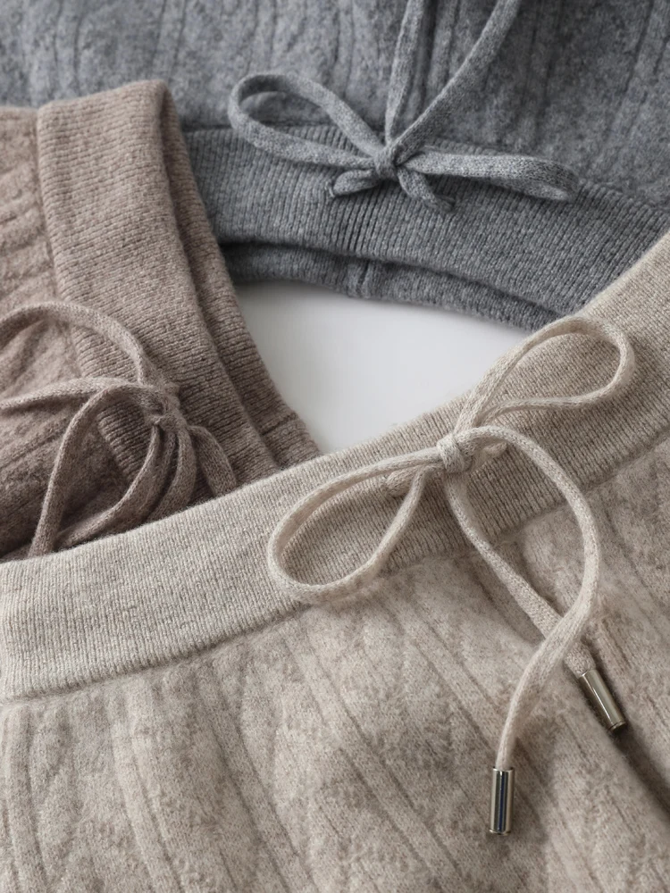 Women 100% Merino Wool Knitted Trousers Pure Wool thickened Diamond Pattern Wide-leg Pants Autumn Winter Soft Casual Style Pants