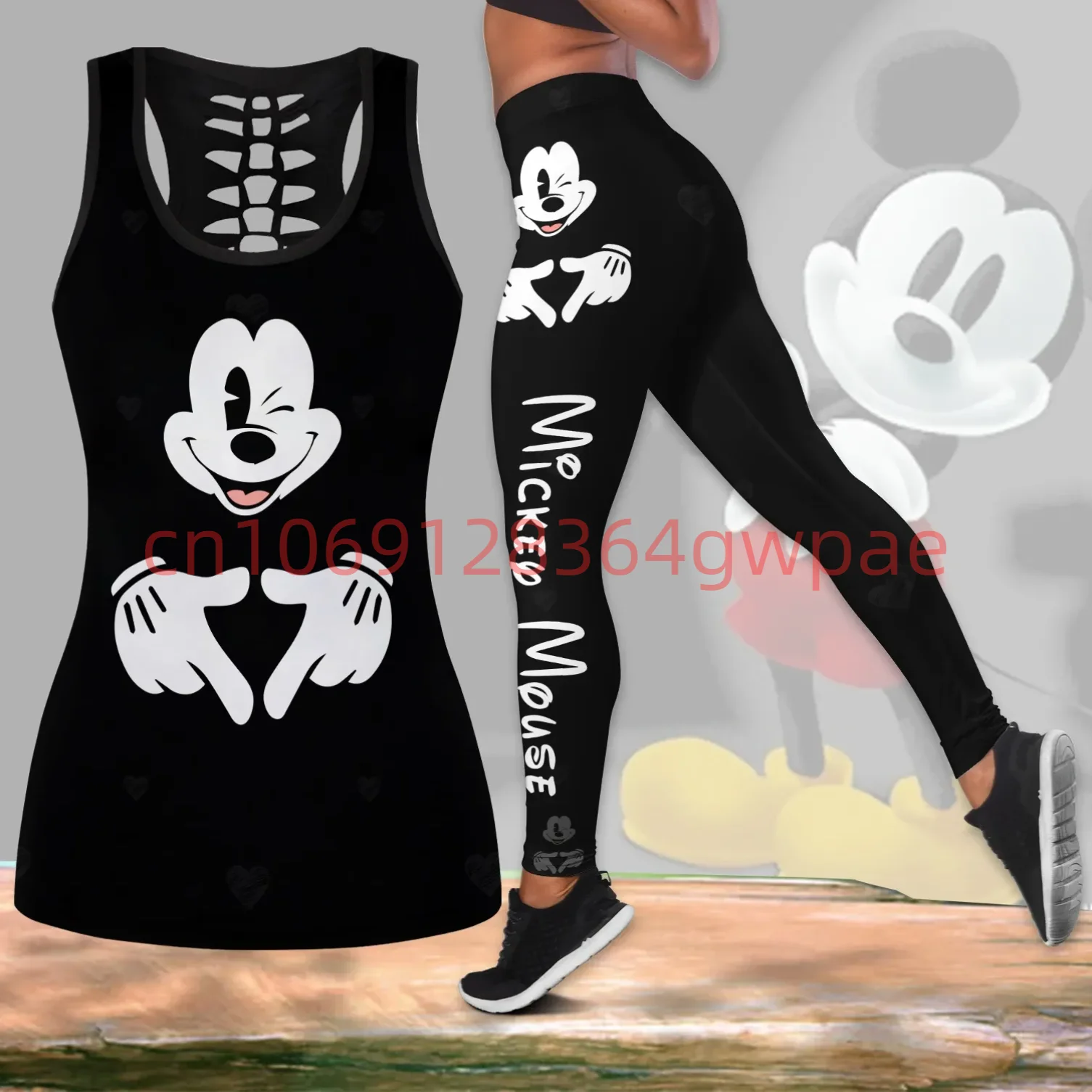 

Mickey Mouse Women's Cutout Tank Top Leggings Yoga Set Summer Fitness Leggings Tracksuit Disney Hollow Tank Top Leggings Set