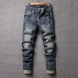 Fashion Designer Men Jeans High Quality Retro Washed Blue Elastic Slim Fit Ripped Jeans Men Trousers Vintage Denim Pants Hombre