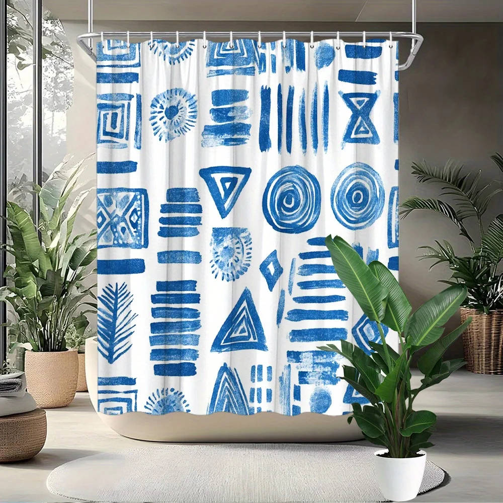 

Tribal Abstract Geometric Shower Curtain | Blue and White Polyester | Modern Bathroom Decor with 12 Hooks Included | Washable, D
