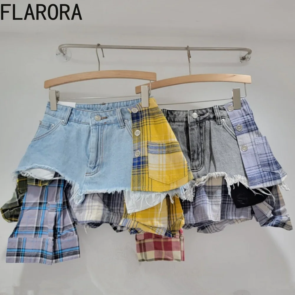 

FLARORA Trend Y2k Colored Plaid Patchwork Irregular Skirts Woman High Waist A-line Denim Skirt New Fashion Street Cowboy Bottoms