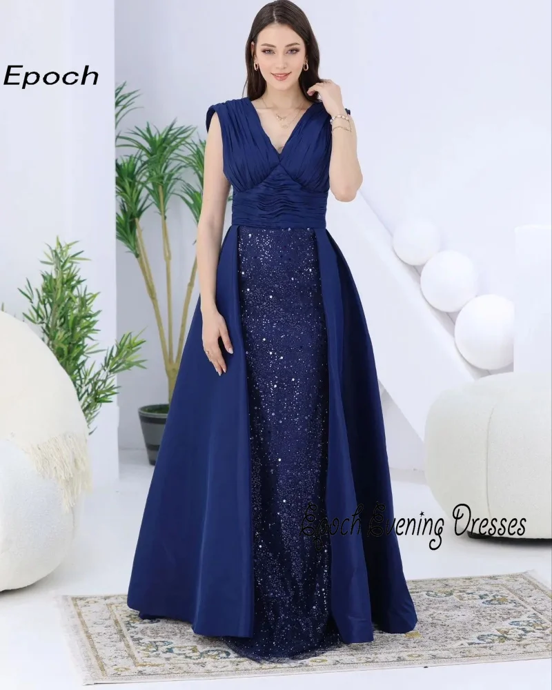 Vestido de noite de cetim leve para mulheres, elegante vestido com gola V, elegante, sexy, lantejoulas, azul marinho, vestido de formatura, 2021, 2024