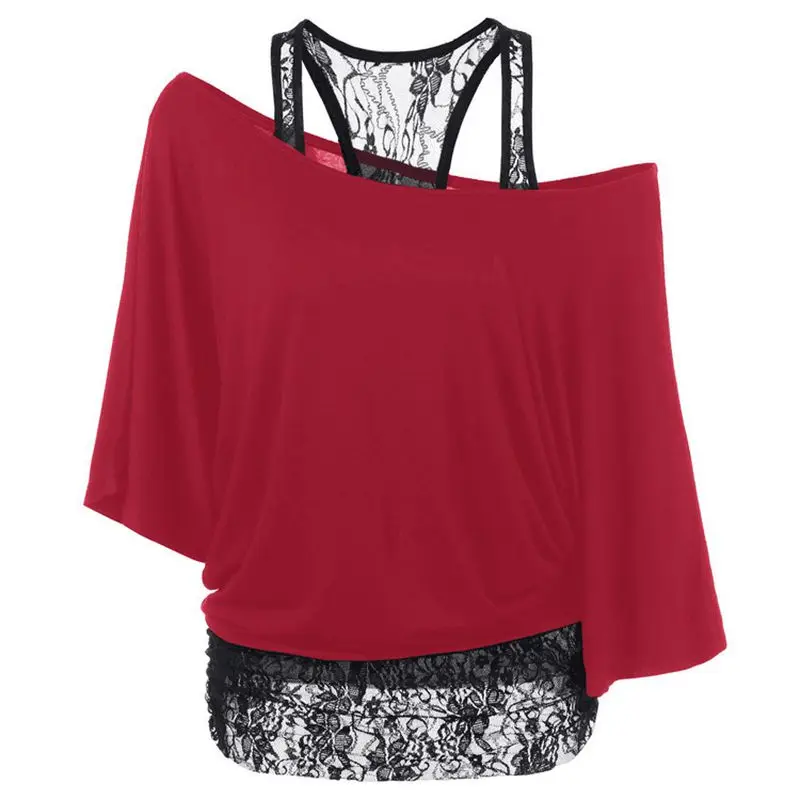 

Summer plus size ladies fashion T-shirt 5XL 6XL 7XL new lace vest sexy diagonal collar bat sleeve casual T-shir