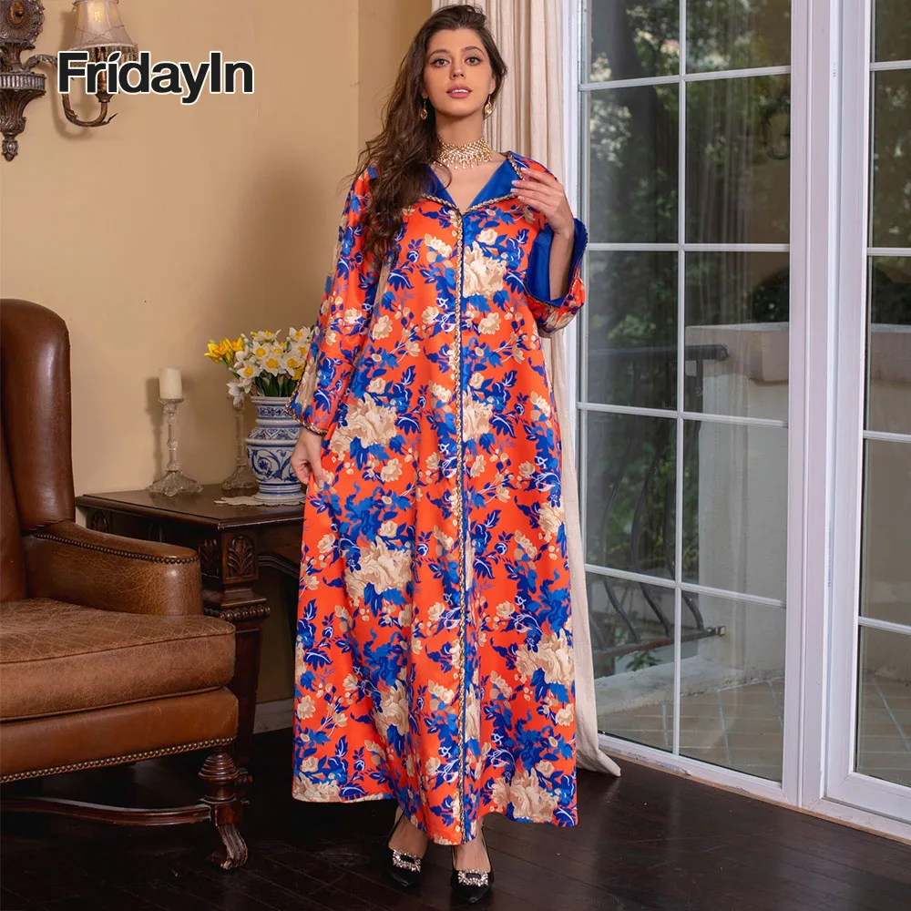 Fridayin Muslim Abaya Sweet Long Dresses for Women V-neck Contrast Splicing Rhinestone Flared Sleeve Kaftan Loose A-line Skirt