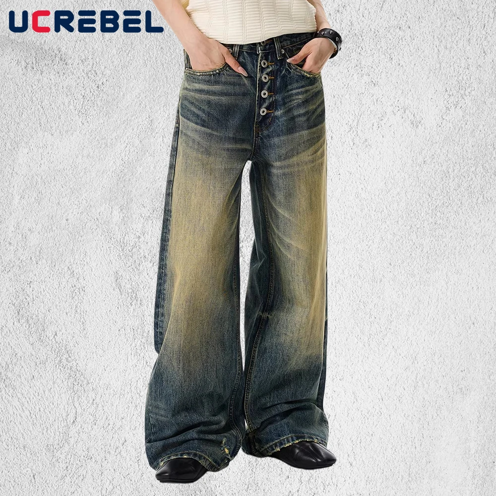 

Retro Ripped Jeans Mens Single Breasted Washed Distressed High Street Straight Baggy Wide Leg Denim Pants Man