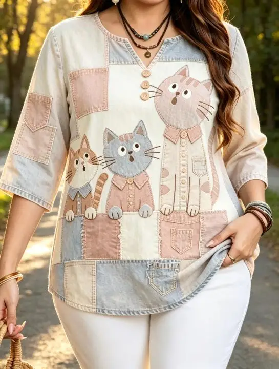 7 Colors Patchwork Denim Cat Print Blouses Notch Split V Neck 3 Decor Buttons 3/4 Sleeve Cute Casual Women Shirts