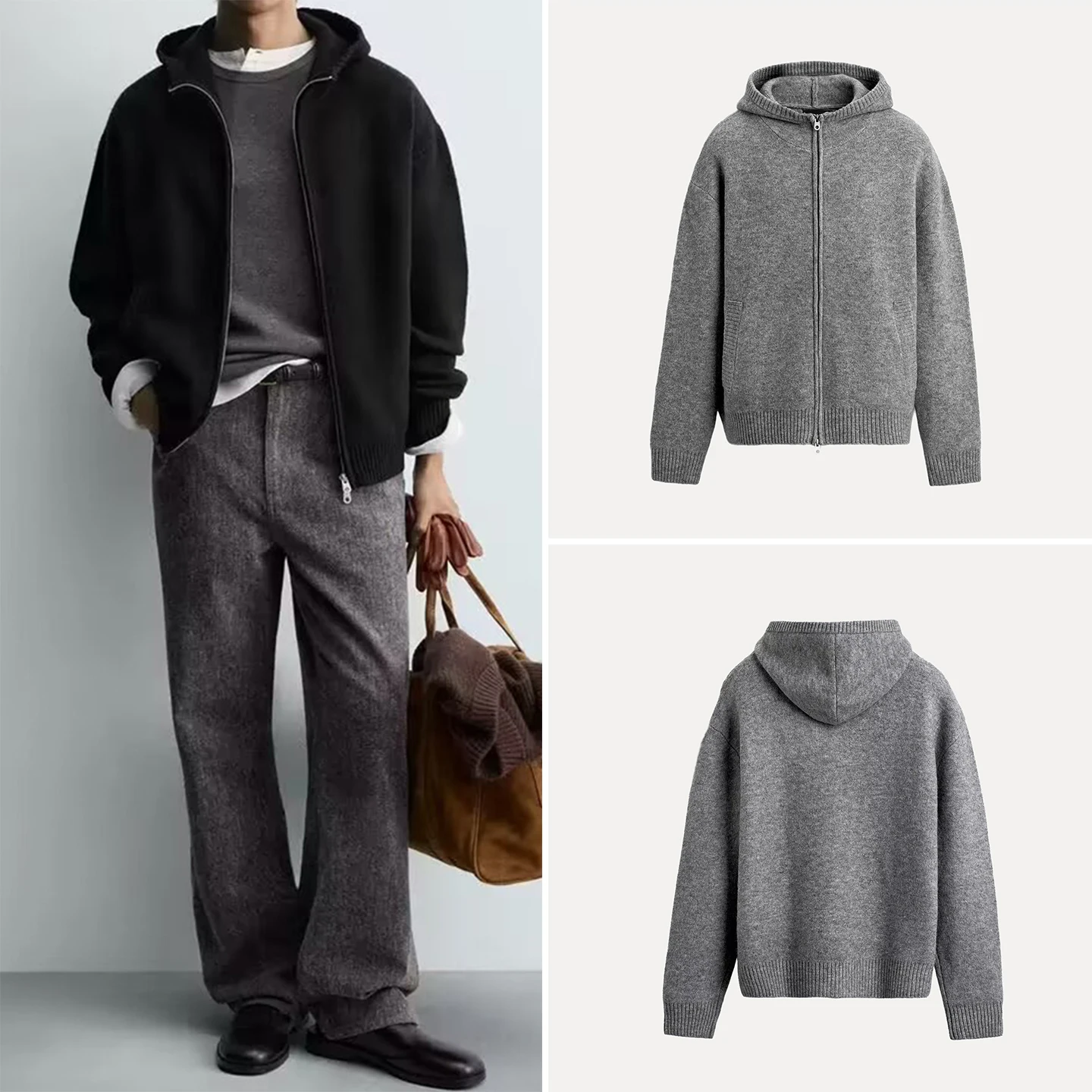 جديد خريف 2025 معطف رجالي فايون شخصي فضفاض بياقة واقفة وسحاب محبوك Jaet معطف طويل غير رسمي #1