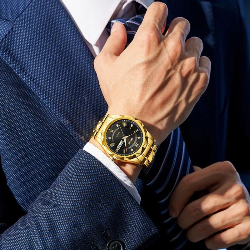 High-End Men's Business Quartz Watch Casual Luminous Waterproof Diamond Dual Calendar Wristwatch for Office Daily Small Clock