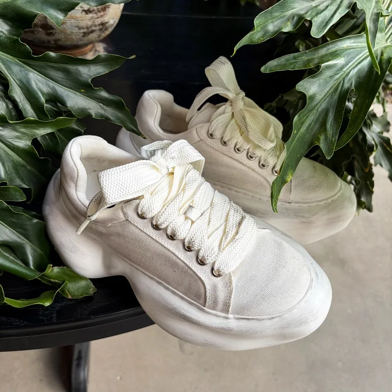 Handmade White Denim Thick Soled Platform Shoes Men's Vintage Fashion Height Increasing Trendy Work Walking Sport Shoes Male