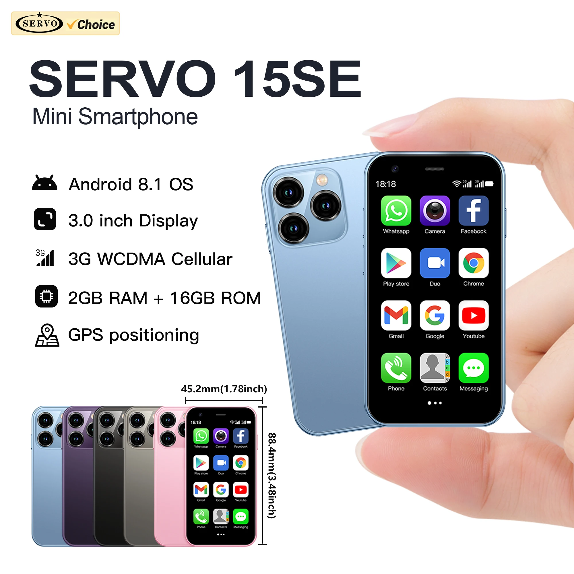 SERVO 15SE Mini Smartphone 3G WCDMA système Android 2GB RAM 16GB ROM WhatsAPP WiFi Hotspot double SIM veille 3.0 "téléphone intelligent mignon
