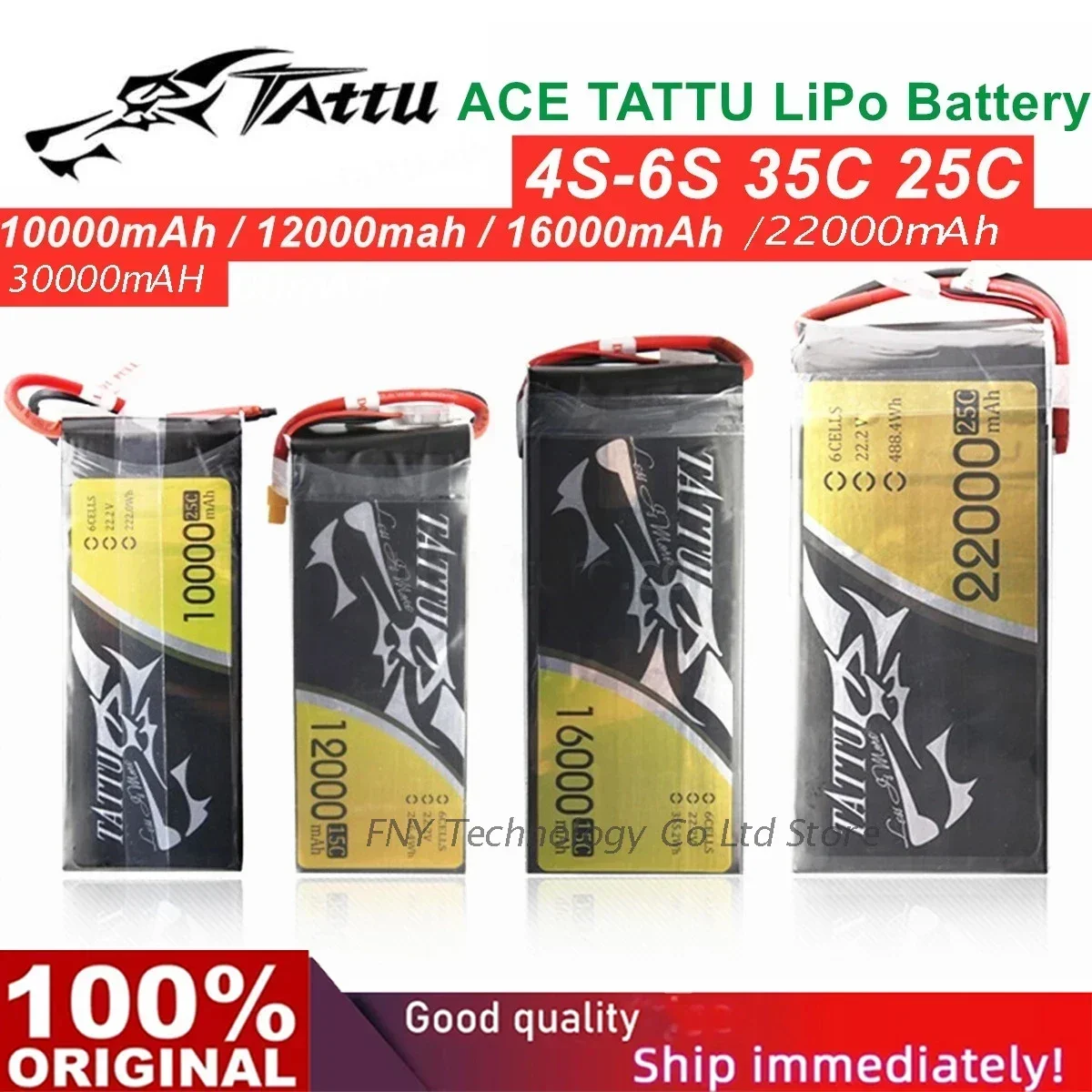 

ACE TATTU-batería de litio LiPo 6S 35C, 10000mAh, 12000mah, 16000mAh, 22000mAh, 30000mA Plus, 25C, 22,2 V, para avión UAV