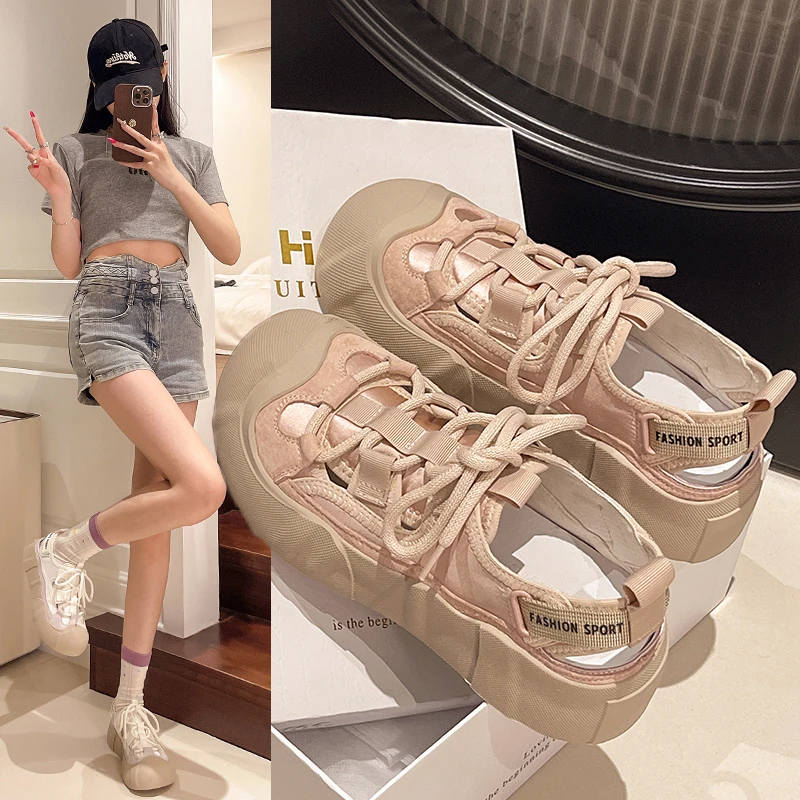 

2024 Summer Women Sandals Mesh Casual Shoes White Thick-Soled Lace-Up Sandalias Open Toe Beach Shoes for Women New Zapatos Mujer