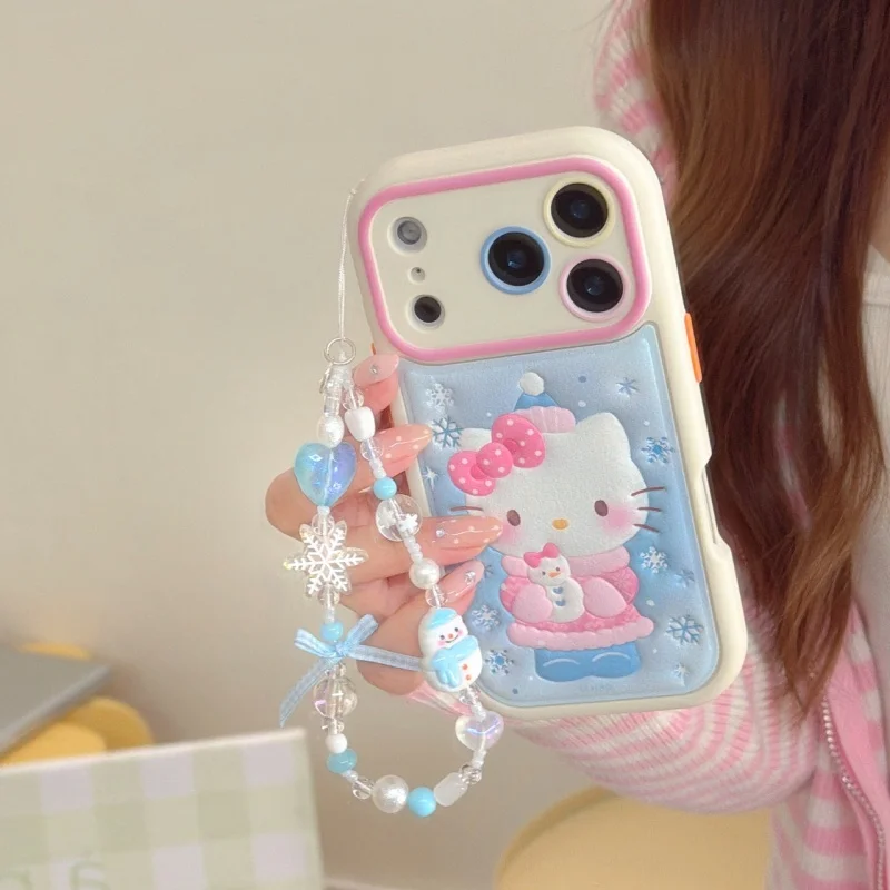

Cute Cartoon Hello Kitty Luxury embossed leatherphone Case For iPhone 13 14 15 16 17 Pro Max Y2k Bow snowman wristband lanyard