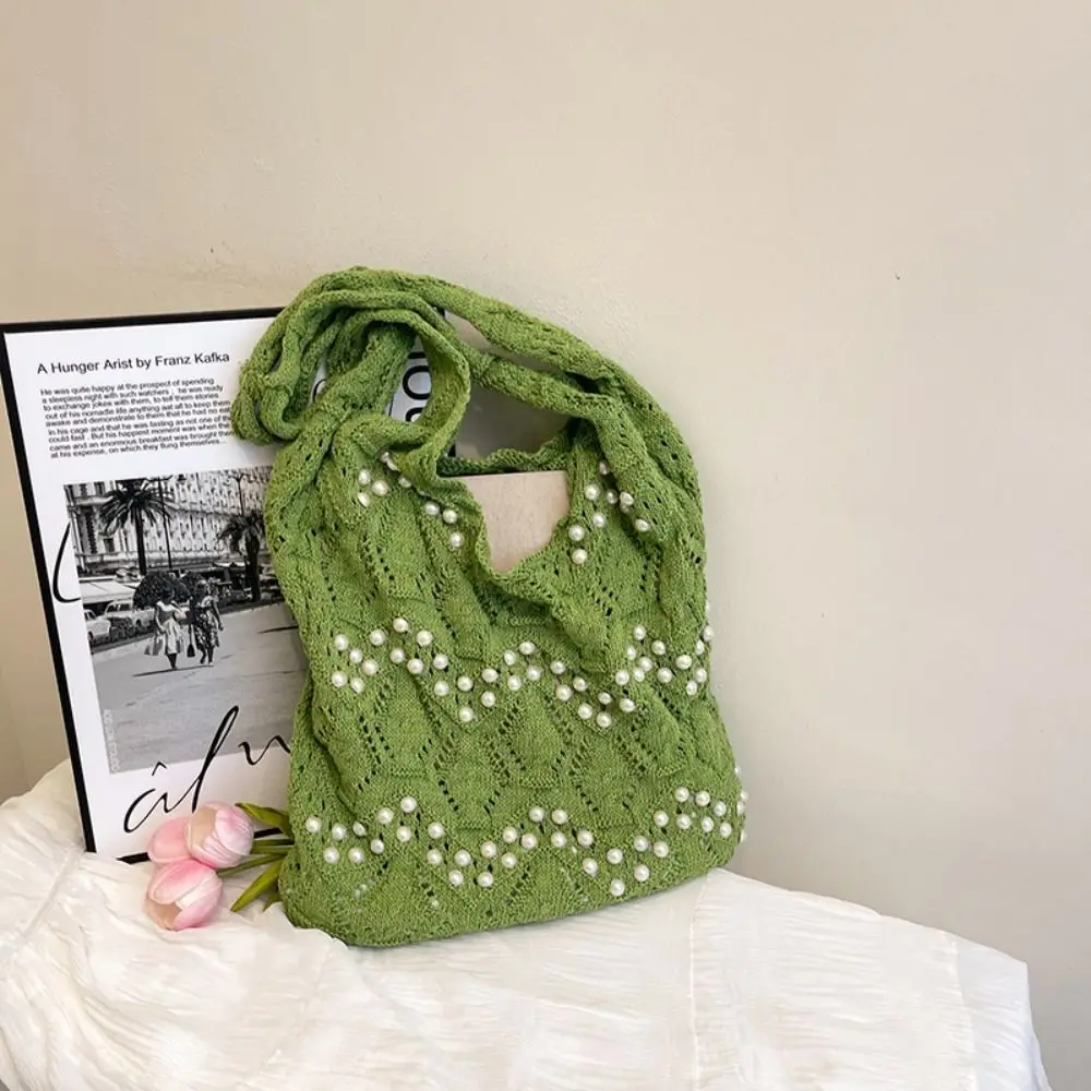 

Hollow Out Women Knitting Shoulder Bag Beaded Decoration Large Capacity Beach Tote Bag Simple Spacious Casual Crochet Bag