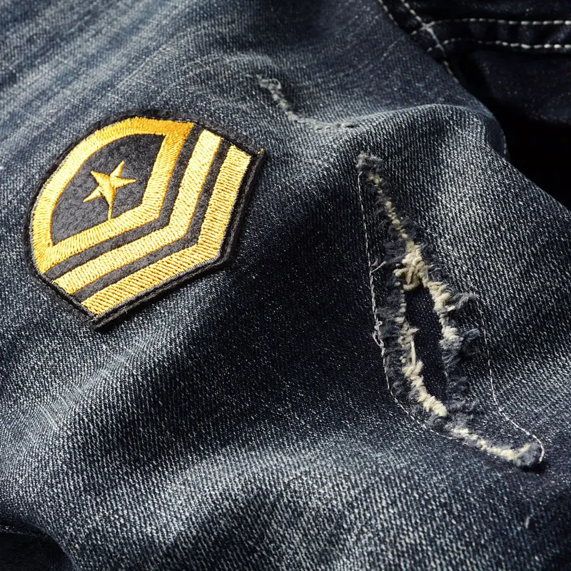High Street Fashion Men Jeans Retro Black Blue Slim Fit Vintage Ripped Jeans Men Patches Designer Hip Hop Denim Pants Hombre