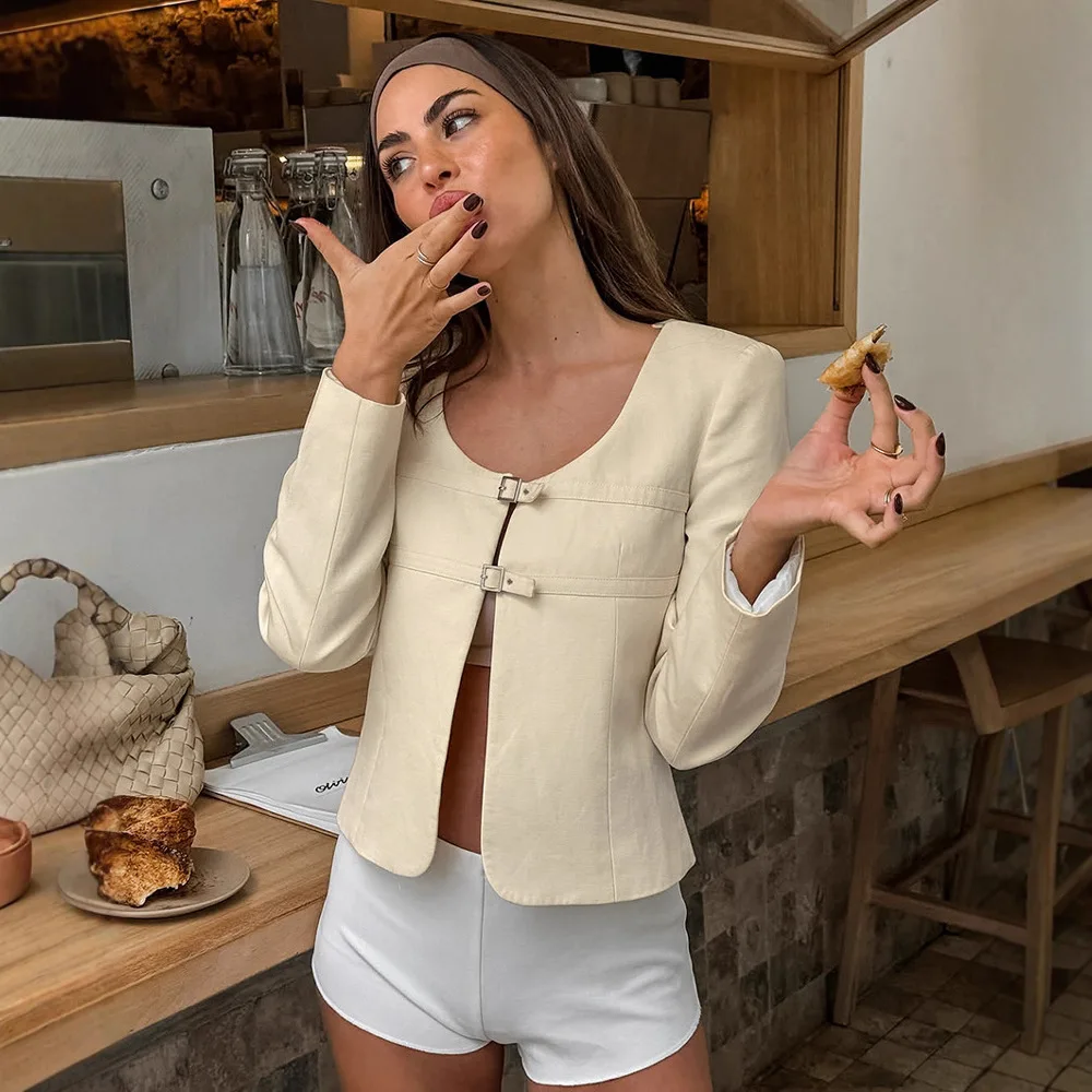 

Minimalist Autumn Women's Suit Jacket Square Neck Snap Button Long Sleeve Outwear For Female Eleagnt Temperament Lady's Coat