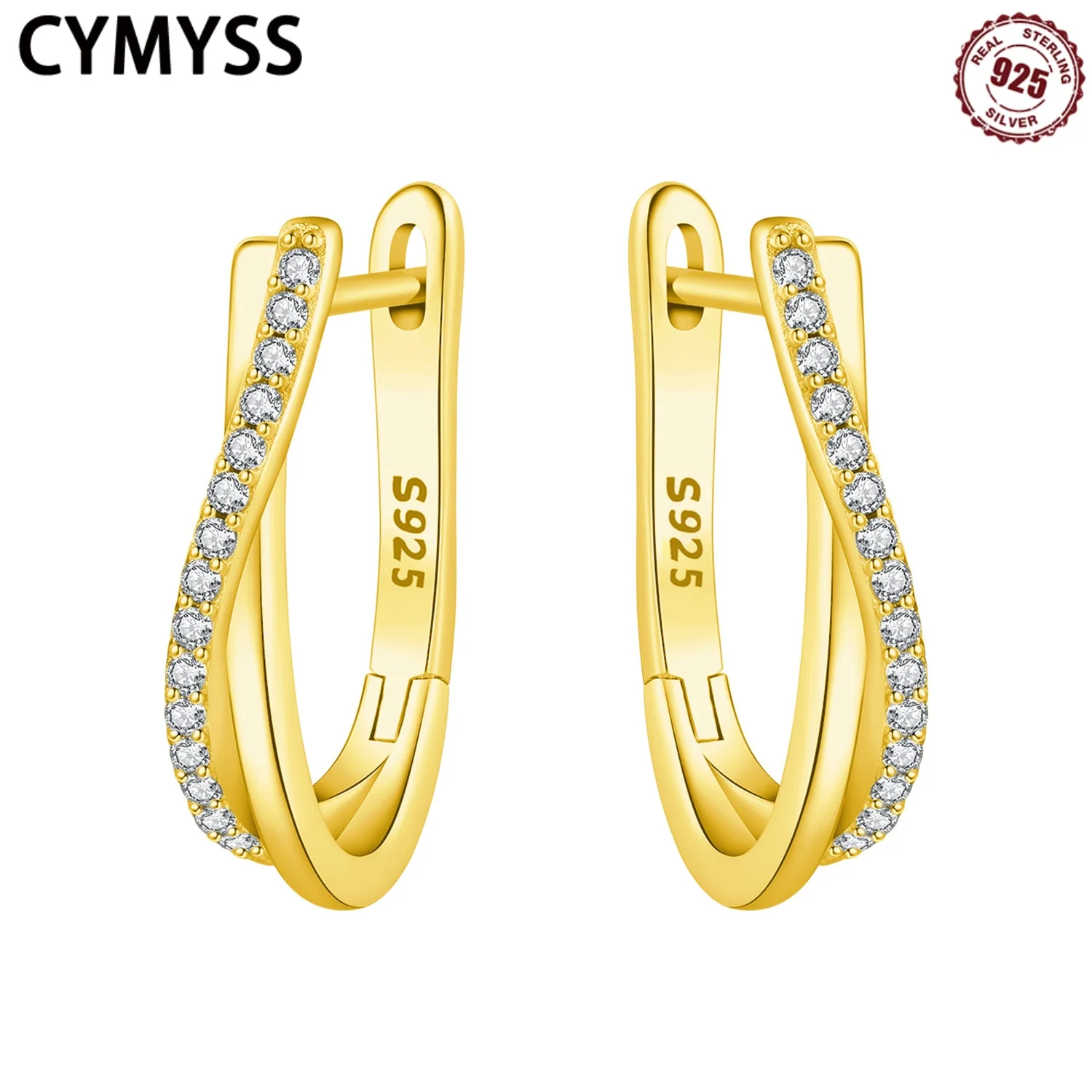 

CYMYSS 2025 New S925 Sterling Silver Jewelry Gold Geometric Zircon Hoop Earrings Boutique Party Gift Original Women Earrings