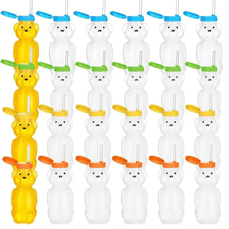 24Pc 8oz Honey Jar Plastic Empty Honey Bear Bottle with Straws Empty Honey Squeeze Bottle Bear Shaped Containers for Honey Juice