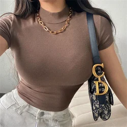 Summer Women's Short Sleeve Crop Top Solid Slim Fit Crew Neck Tee Basic Skinny Ribbed Tight Athletic Casual Workout Yoga Tshirt