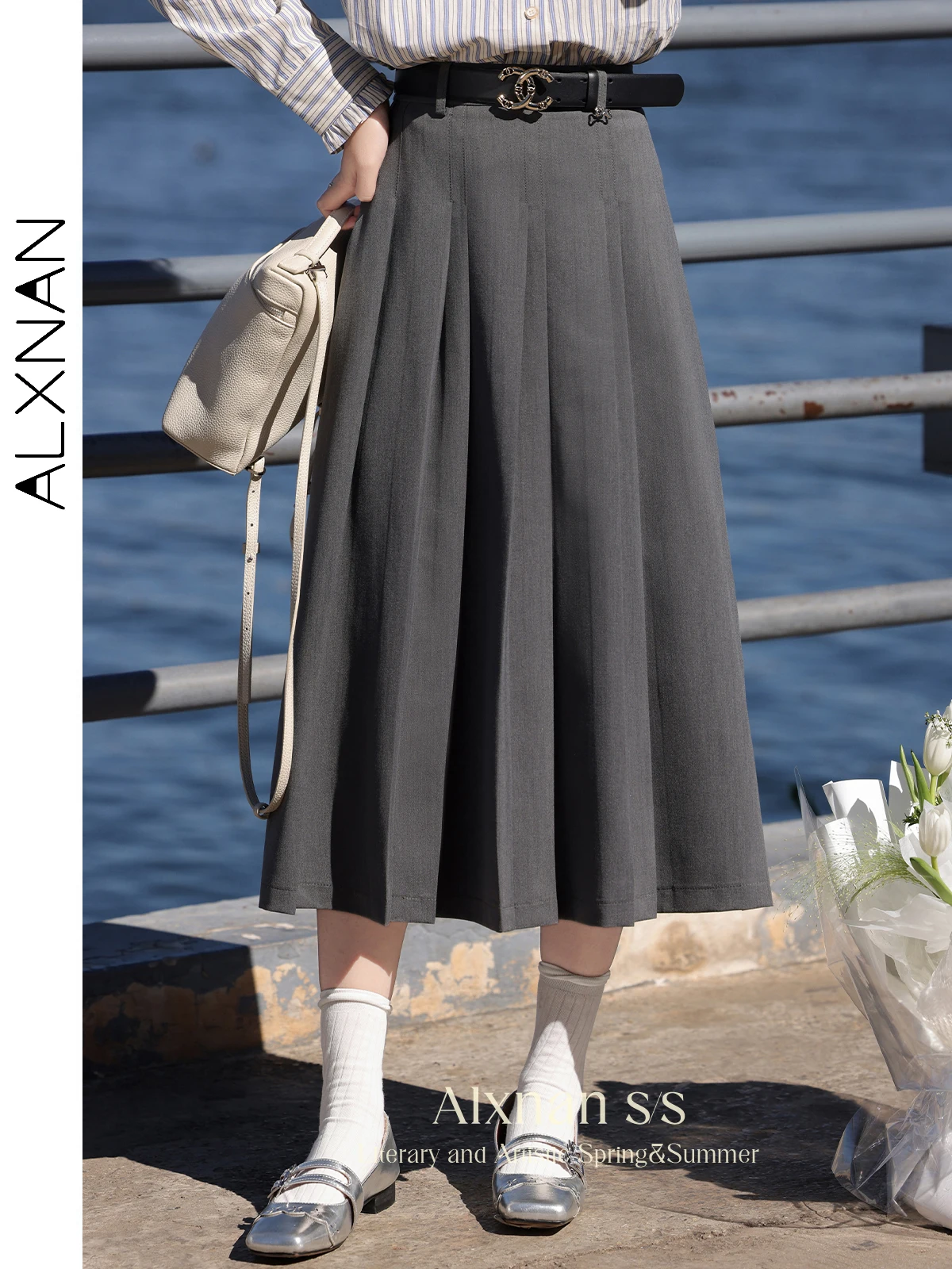 

ALXNAN Pleated Skirts for Women 2024 Spring Autumn New Midi Fashion A-line Solid Temperament Skirt Woman Clothing Trend L33328