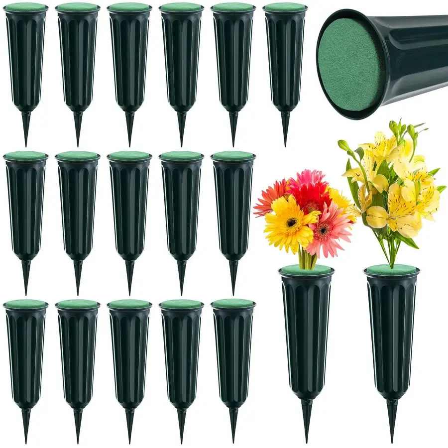 

16 Pack Memorial Cemetery Vases with Spikes and Floral Foam Set Memorial Floral Ground Vases with Stakes Flower Holder for Cemet