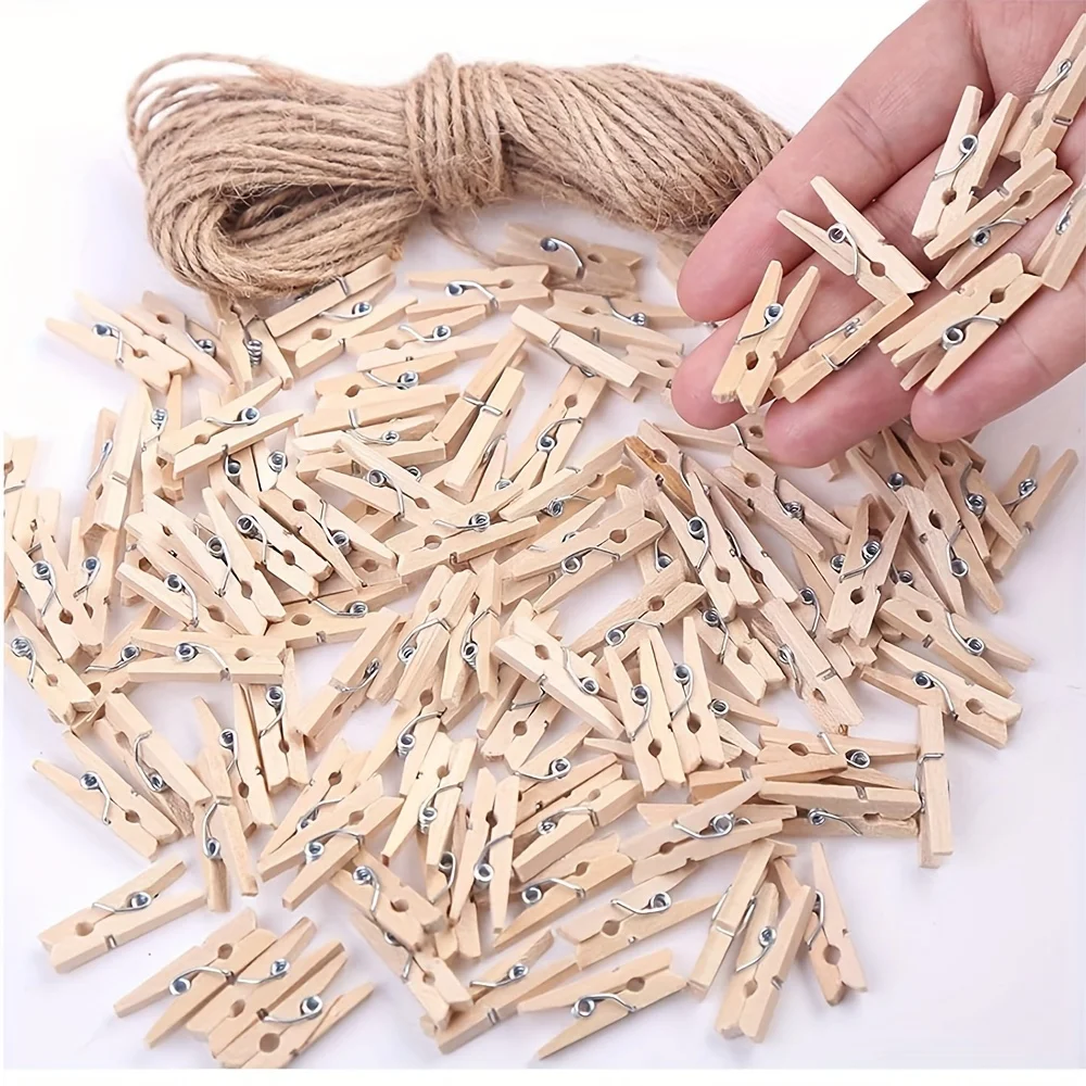 Image of 100 Stück 1-Zoll-Mini-Wäscheklammern aus Holz mit 10,06 Meter Juteschnur, langlebiges Hartholz, starker Feder, für Fotos, Kunsthandwerk