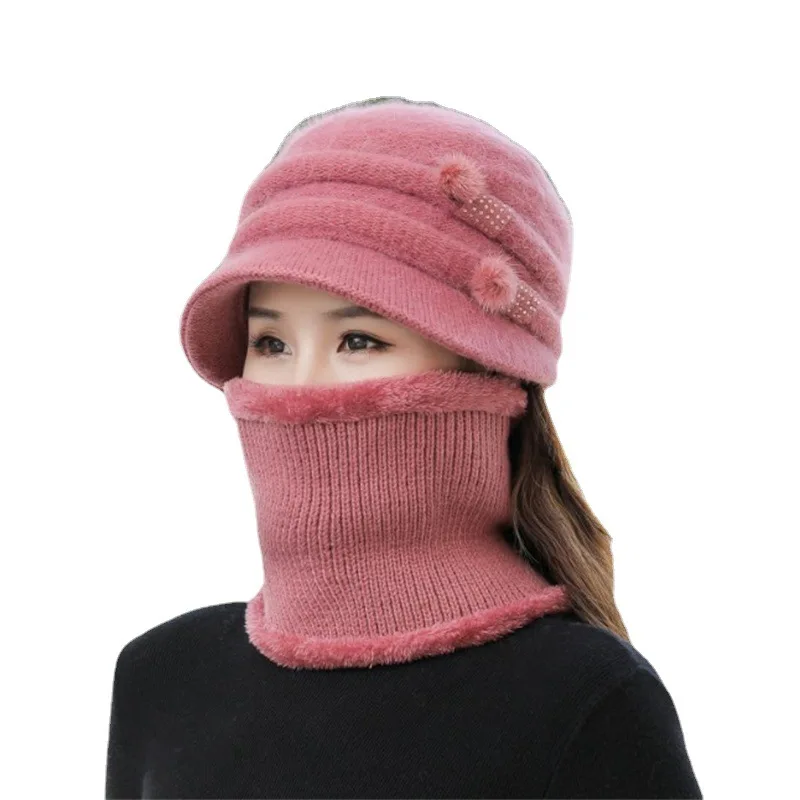 Gorro de invierno con forro de piel para mujer, conjunto de gorro y bufanda cálida, gorro de punto de piel de conejo informal